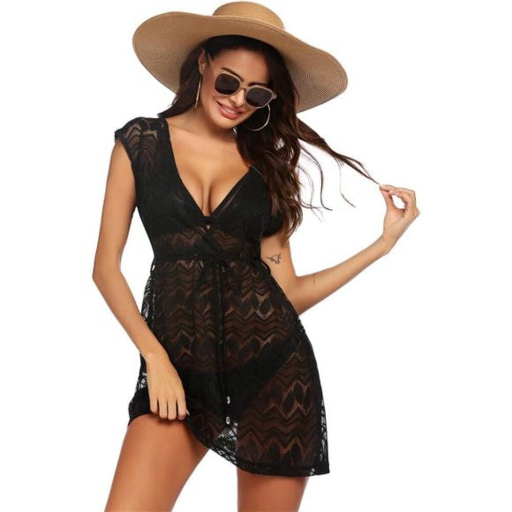 Lace Beach Cover Up Swimwear Sheer Bathing Suit Bikini Coverup V-Neck Mini Dress